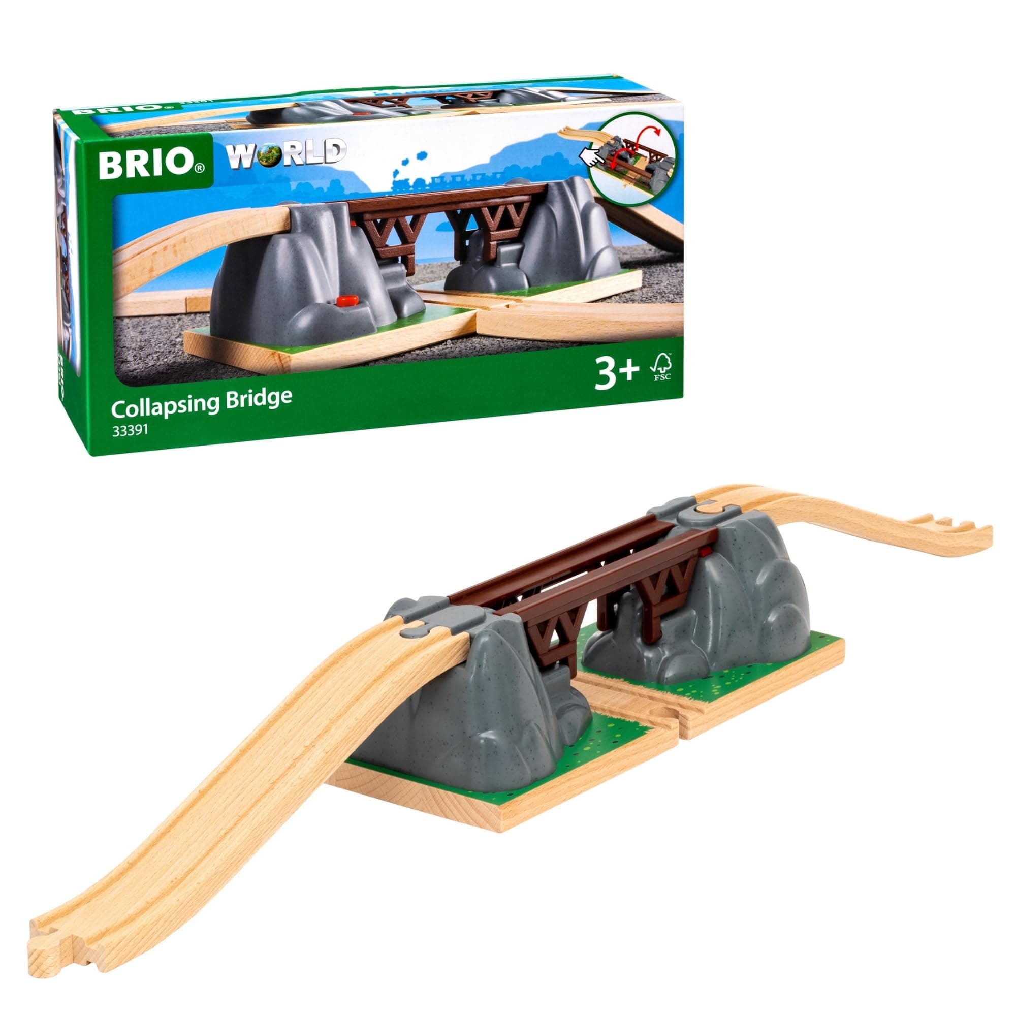 World Collapsing Bridge for Wooden Train Set - 3-Piece Accessory - FSC-Certified - Compatible with BRIO Railway and Train Track Sets - Encourages Fun Creativity - Kids Ages 3 & Up