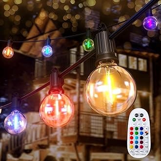 Brightown RGBW Outdoor String Lights, 58FT LED Patio Lights with Remote and Timer, Commercial Grade Waterproof Hanging Lights with 27 Shatterproof Bulbs(2 Spare) for Backyard Porch Garden Party Decor