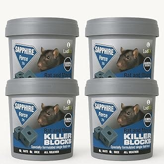 Rat & Mouse Poisoning Blocks Max Strength Bait Blocks Single Feed Rodent Killer Block Fast Acting All Weather Sapphire BLOKS - Pack of 4.