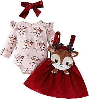 Christmas Baby Girl Outfit Newborn Cute Elk Fly Sleeve Romper Overall Dress Infant Girls Fall Winter Skirt Set
