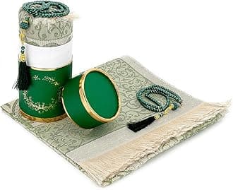 ihvan online Muslim Prayer Rug and Prayer Beads with Elegant Design Cylinder Gift Box, Janamaz, Soft Sajadah, Islamic Gifts Set, Portable Prayers Carpet Mat, Taffeta Fabric, Green