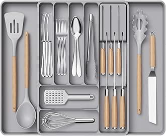 Lifewit Cutlery Drawer Organiser, Expandable Tray with Knives Holder for Kitchen Storage, Cutlery Organiser Insert for Spoons, Forks, Utensil, 1 Pack, Grey
