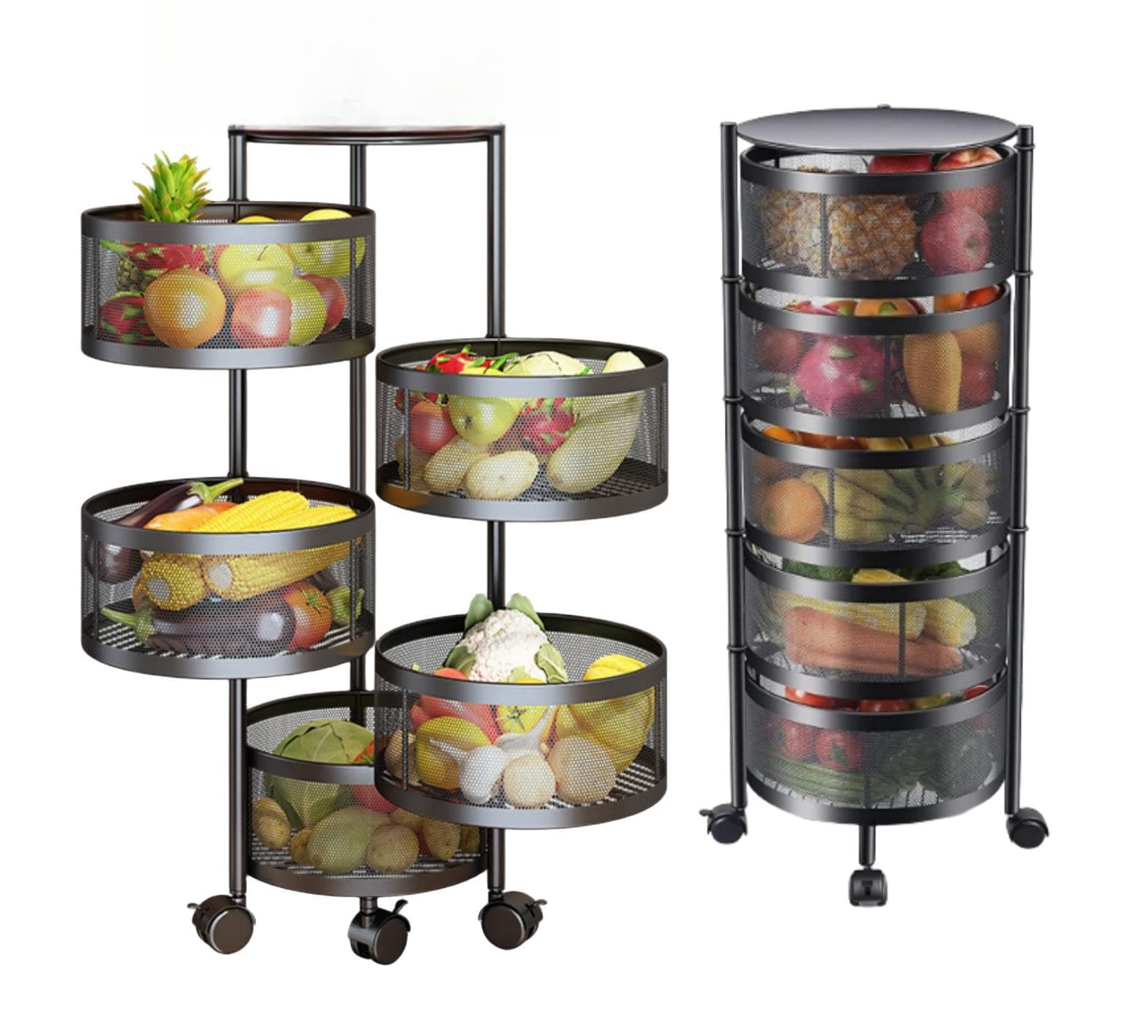 SKY-TOUCH 5 Tier Kitchen Storage Shelf, Rotatable Fruit Vegetable Basket, Circular Rotating Basket Large Storage Rack with 4 Movable Wheels