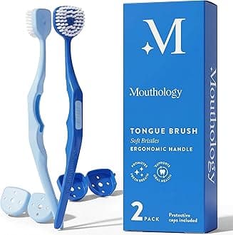 Mouthology Soft Bristle Tongue Brush for Adults for Bad Breath, Halitosis & Oral Hygiene - Tongue Scraper Brush with Ergonomic Handle & Protective Cap for Easy Storage & Travel - 2 Pack