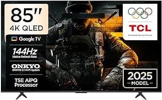 TCL 85T8C Television 85 Inch Smart TV 4K QLED Colorful Quantum Crystal HDR 10+ Gaming Google TV, 144Hz Native Refresh Rate, ONKYO 2.1 Hi-Fi, Dolby Atmos, DTS Virtual X, MEMC, Game Master (2025 Model)