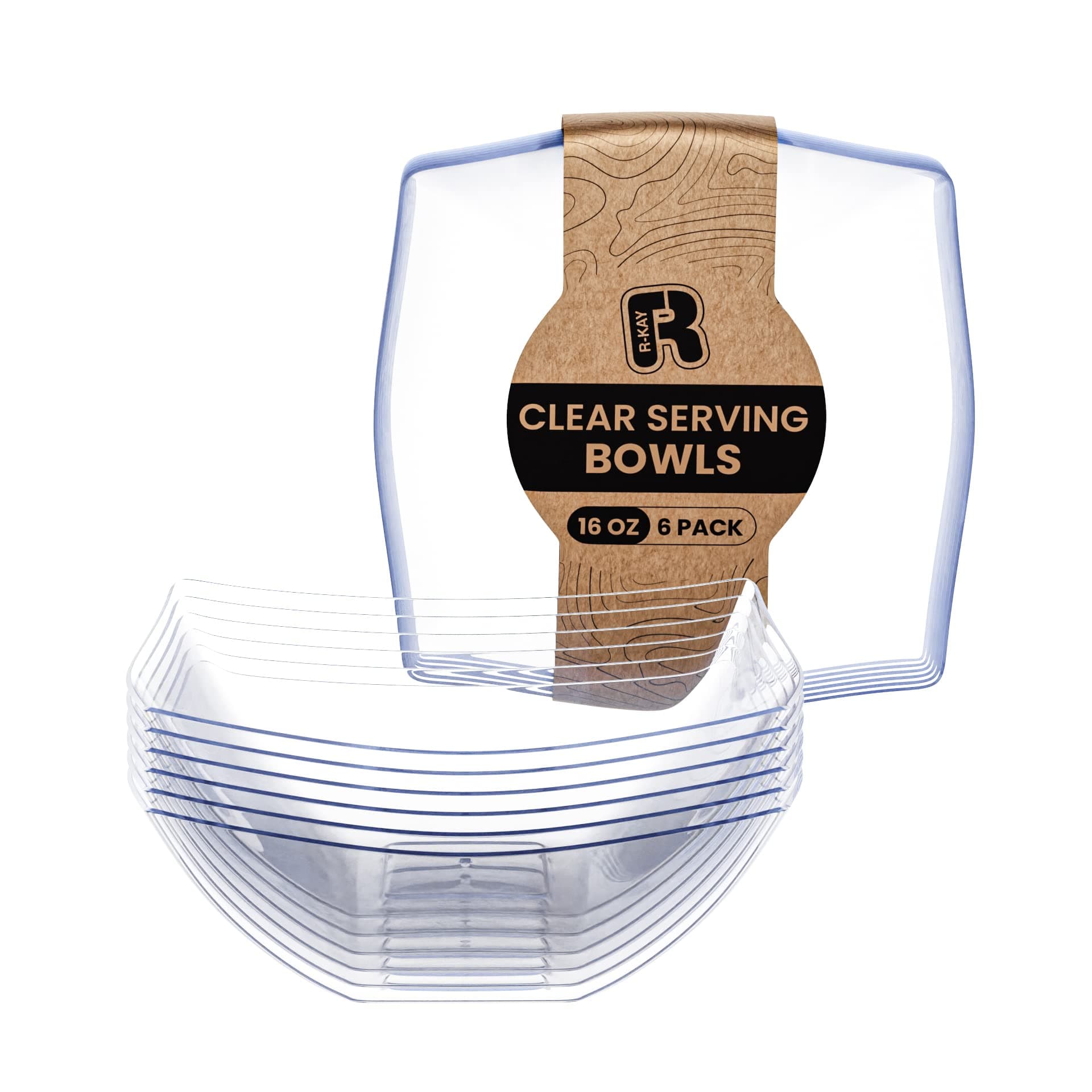 R-kay 6 Pack Square Plastic Serving Bowls - Clear Plastic bowls 16 Oz - Disposable Serving Bowls Heavy Duty For Weddings Catering And Birthday parties
