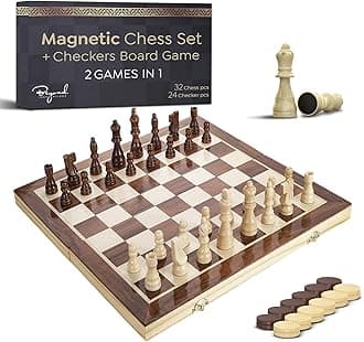 Wooden Magnetic Chess Set & Checkers Board Game, 15” Foldable Chess Board | Solid Wood 2-in-1 Board Game for Adults with Storage Box, 2 Extra Queens, Portable Travel Chess Set for Kids & Beginners