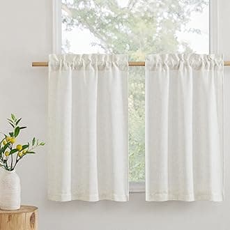 RYB HOME Semi Sheer Curtains for Small Window, Flax Linen Window Topper Valances Home Decor Light Filtering 36 inches Length for Camper Kithen Cafe, W 34 x L 36 inches, Linen, 2 Panels