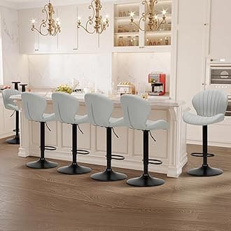 COLAMY Bar Stools Set of 6, Modern Swivel Bar Chairs, Adjustable Faux Leather Upholstered Barstools Counter Height with High Backrest for Bar, Kitchen Island, Dining Room, Grey