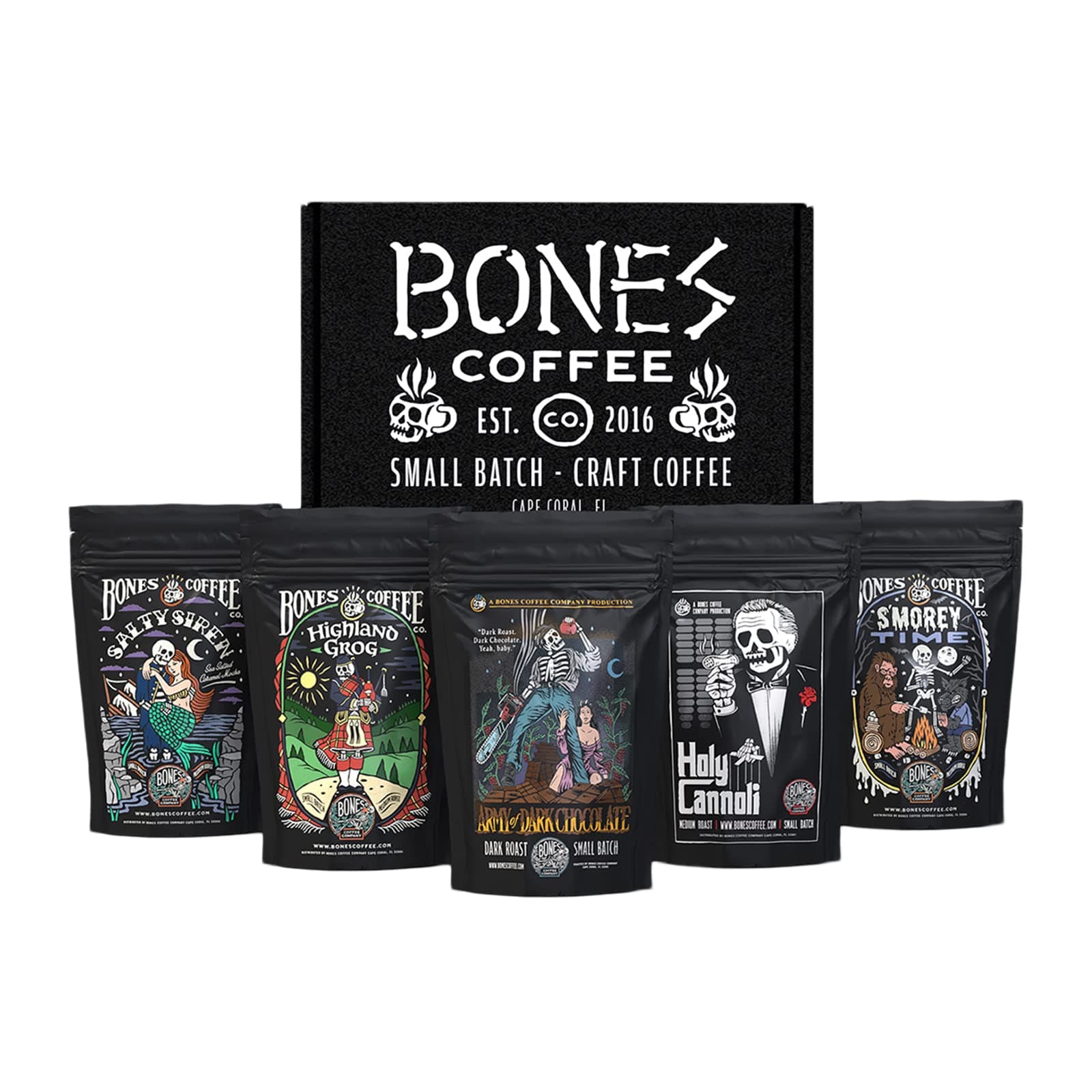 - Bones Coffee Company NEW Favorite Flavors Sample Pack, Assorted Flavored Coffee Low Acid Medium Roast Arabica Beans Specialty Coffee Gifts, Auto Drip and French Press Compatible, 4 oz Pack of 5 Ground
