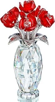Red Crystal Rose Flower Figurine with Base,Glass Flower Bouquet Gifts for Women Girlfriend Wife,Handmade Crystal Flower Collectible Home Table Decor ​for Christmas Day Wedding Anniversary