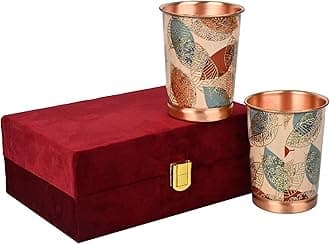 DI: Decorative India Copper Premium Yellow Gold Leaf Design Set of Two Glass with Elegant Gift Box, 250 ML