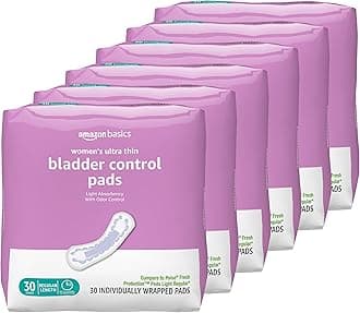 Amazon Basics Ultra Thin Incontinence, Bladder Control & Postpartum Pads for Women, Regular Length, Light Absorbency, 180 Count, 6 Packs of 30 (Previously Solimo)