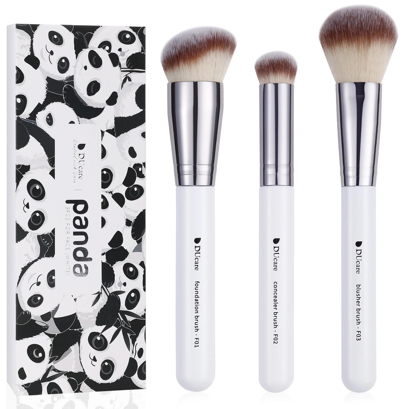 3Pcs Kabuki Makeup Brush Set, Foundation Contour Blush Concealer Brush, Travel Buffing Blending Brush for Liquid Cream Powder Face Makeup White