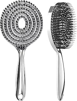 Electroplated Hollow Round Bristle Hair Brush – Quick Drying Anti Static Scalp Care and Heat Protection for Smooth Voluminous Hair （Silver）