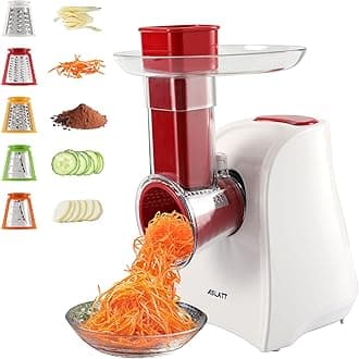 Electric Slicer, ASLATT Electric Cheese Grater for Home Kitchen Use, One-Touch Control Cheese Shredder, Salad Maker Machine for Fruits, Vegetables, Cheese Grater with 5 Attachments, 120V,White