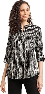 NAINVISHTops for Women Printed Regular Fit Shirt, Tops for Women Stylish Latest|Office Wear Tops for Women|Cotton Blend Tops for Women|Mandarin Collar Top