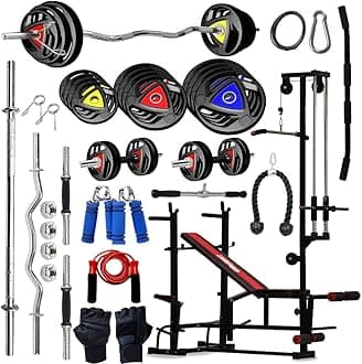 10KG -100KG Rubber Coated Weight Plates Combo with 20 IN 1 Home Gym Bench, 5Ft Plain and 3Ft Curl Barbell Rods (23mm), Pair of Steel Dumbbell Rod & Accessories (10, Kilograms)