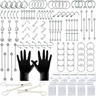 TKKUY 153Pcs Piercing Kit: 12G, 14G, 16G, 20G Needles & 316L Stainless Steel Jewelry for Nose, Belly, Lip, Ear & More