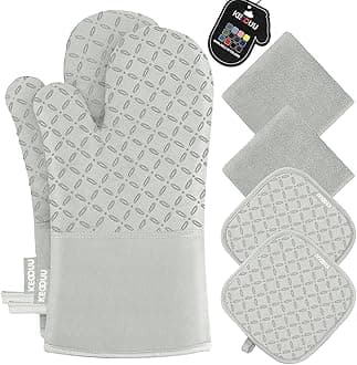 KEGOUU Oven Mitts and Pot Holders 6pcs Set, Kitchen Oven Glove High Heat Resistant 500 Degree Extra Long Oven Mitts and Potholder with Non-Slip Silicone Surface for Cooking （Greenish Gary）
