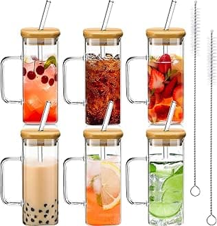 6 Set Square Drinking Glass Cups with Bamboo Lid Straw and Handle Appreciation Gifts for Employee Coworker Portable Coffee Mugs(16 oz, Medium,Clear)
