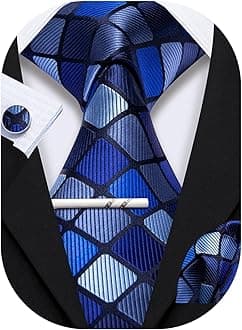 Men Plaid/Striped Ties Set Silk Business Wedding Formal Fashion Necktie and Pocket Square Cufflinks Set