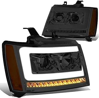 Auto Dynasty LED DRL Headlights Assembly Compatible with 2007-2014 Chevy Tahoe Suburban Avalanche, Pair of Projector Headlamps w/LED Sequential Turn Signal, Smoked Lens Amber Corner