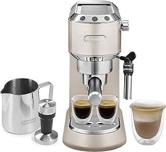 De'LonghiDEDICA METALLICS Coffee Machine Barista Pump Manual Espresso Coffee Maker with Milk Frother and Barista Kit (Frothing Jug + Tamper) for Americano, Cappuccino, Latte, Macchiato EC785.BG Beige