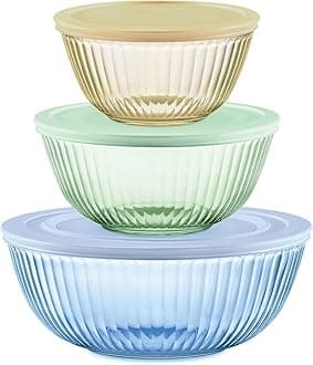 Pyrex Colors Tinted (3-Pack, Full Set) Sculpted Tinted Glass Mixing Bowls With Plastic Lids, Nesting Space Saving Set of Bowls For Prepping and Baking, 1.3QT, 2.3QT & 4.5QT