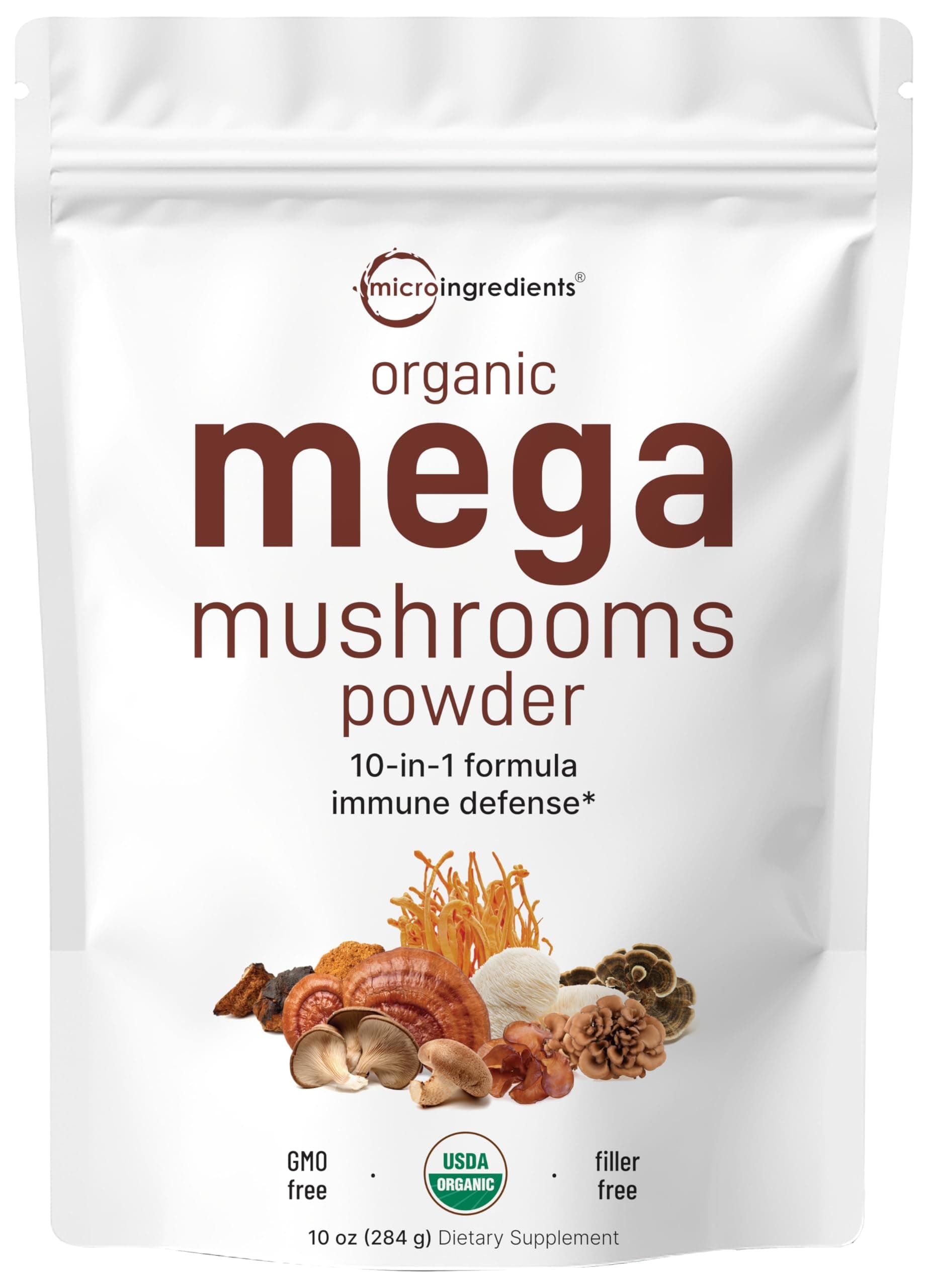 Micro Ingredients Organic Mega Mushroom Powder,10 Ounce (284 Days Supply) | 10 in 1 Complex Formula for Immune System Booster | Chaga, Lions Mane, Cordyceps, Reishi & More | Filler Free, Vegan