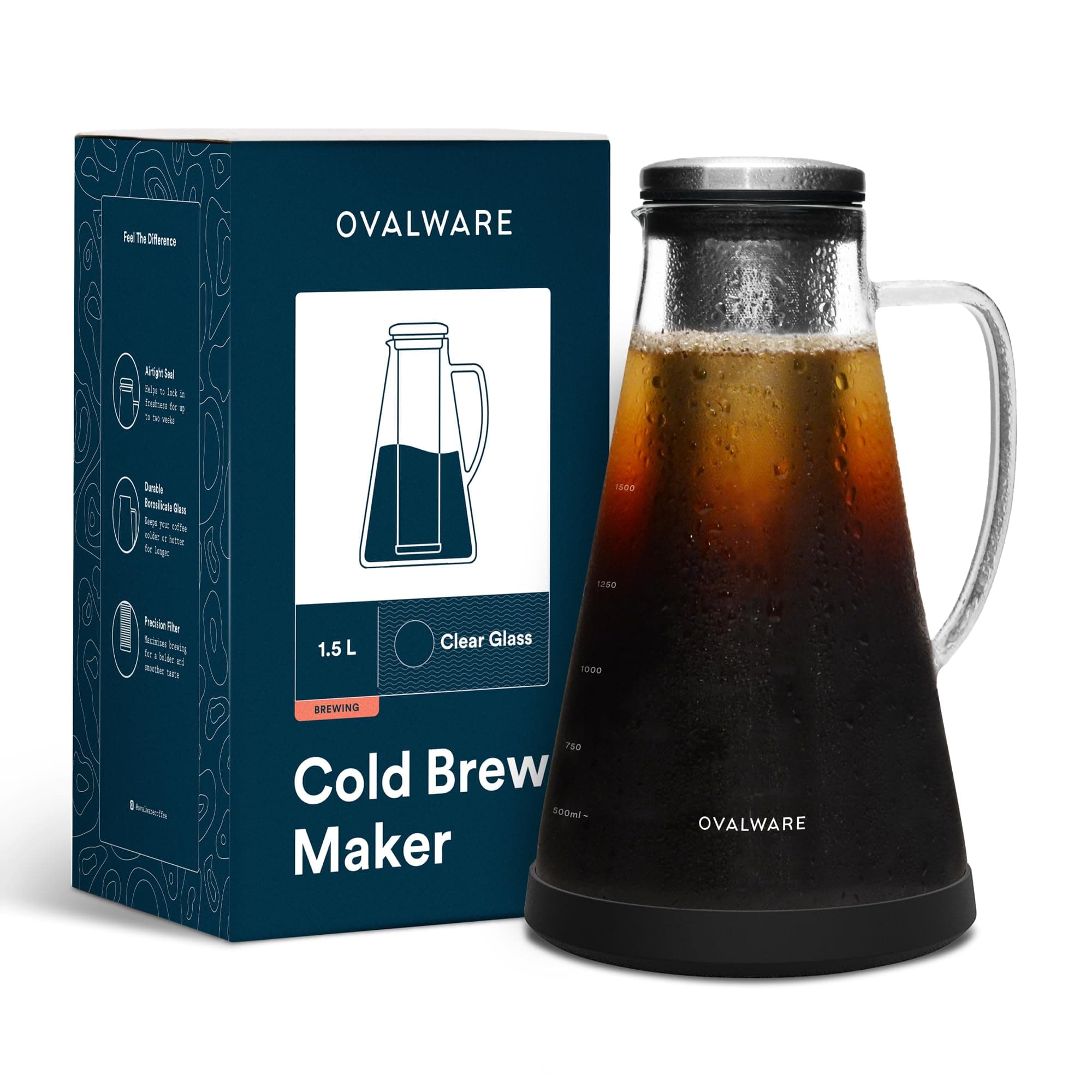Airtight Cold Brew Iced Coffee Maker Pitcher (& Iced Tea Maker) with Spout – 1.5L/ 51oz Brewing Glass Carafe with Removable Stainless Steel Filter