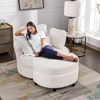 Chair and A Half with Ottoman, 360° Swivel Chair Modern Circle Round Love Seat Sofa Couch Set Big Comfy Accent Barrel Chairs Living Room Bedroom Lounge Reading Corner Furniture with 4 Pillows (White)