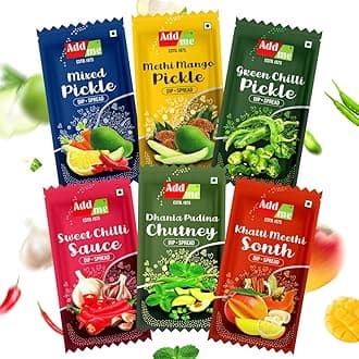 Add Me Cucumber Bag Mango, Green Chili, Mixed Cucumbers, Dhaniya Pudina Chutney, Khatti Meethi Chatni, Sweet Chilli Garlic Sauce 12g Each | Combo Pack of 48 Bags (20 oz)