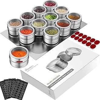 HOMGEN Magnetic Spice Jars 12-Pack - 3.4oz Stainless Steel Spice Containers with Magnet Strong Hold- Includes Labels & Chassis for Fridge/BBQ/Camping, Space-Saving Kitchen Organizer for Pantry & RVs