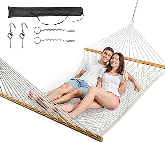 - Double Hammock for 2 Person, Handwoven Rope Hammock with Spreader Bar Without Stand - Indoor & Outdoor Use for Patio, Poolside, Backyard (White)