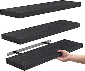 BAYKA Floating Shelves for Wall, Wall Mounted Rustic Wood Shelves for Bathroom, Bedroom, Living Room, Kitchen, Hanging Shelf for Books/Storage/Room Decor with 22lbs Capacity (Black, Set of 3, 15.7in)