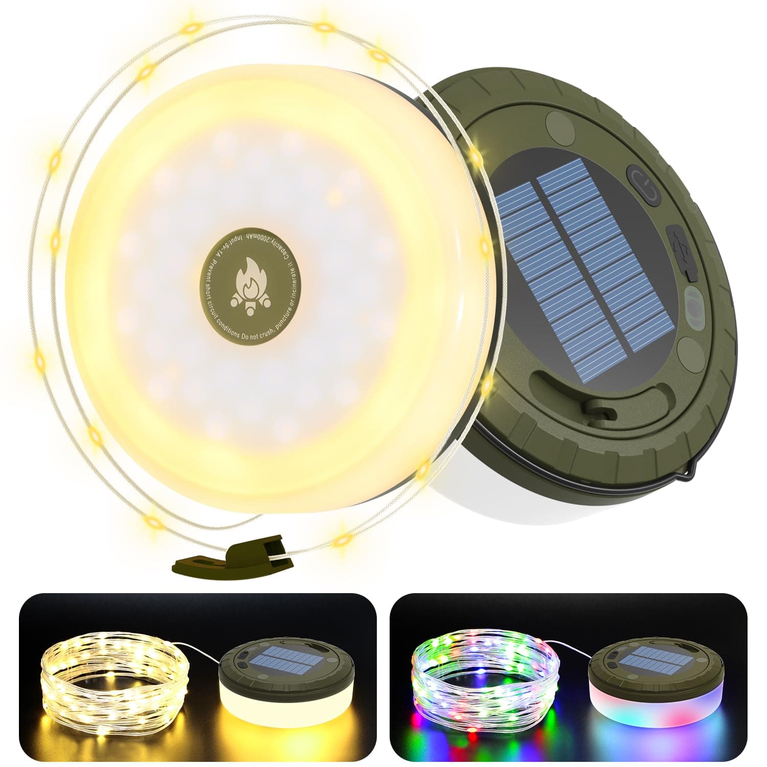 Solar Camping String Lights Outdoor, 2 in 1 Rechargeable Camping Lights with 5 Modes, 32.8Ft Waterproof Portable Camping Lights, Solar Powered and USB Charging, Tent Lights for Camping Hiking