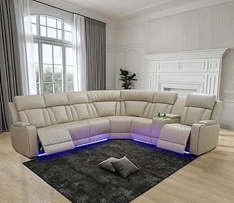 Power Recliner Sofa Sectional Couch with LED Light for Living Room,Leather Reclining Corner Sectional Sofa with 2 Recliner Seats,Cup Holder,Storage Console for House/Home Theater, Paddy