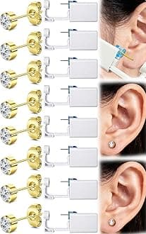 Get the Perfect Ear Piercing with 24Pcs Premium Ear Piercing Kit - Includes 8 CZ Diamond Earrings and 8 Easy to Use Self Ear Piercing Gun - Safe Painless