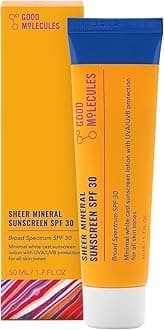 Good Molecules Sheer Mineral Sunscreen SPF 30 - Minimal White Cast Zinc Oxide Sunscreen For Face - Hydrating Hyaluronic Acid, UVA/UVB Protection, Reef-Safe