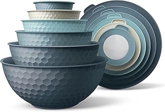 Mixing Bowls with Lids - 12 Piece Plastic Nesting Bowls Set includes 6 Prep Bowls and 6 Lids, Microwave Safe Mixing Bowl Set, Blue Embossed