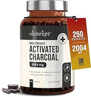 Activated Charcoal Tablets for Stomach Wind | 2004mg | 250 Capsules | Activated Charcoal Powder in Easy-Open Veggie Capsules | Debloating Tablets - Reduce Flatulence