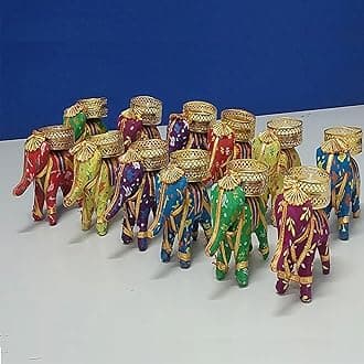 Handcrafted Recycled Material Elephant Tealight Candle Holder Set of 12 Elephant Candle Stand Diwali Decorations (Multicolor, 8 X 5 X 10 cm) - Decoration Item for Home Decor (Elephant12)