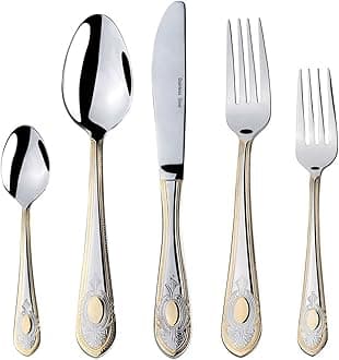WORLD GIFTSVenezia Collection "Medallion" 20-pc Flatware Set Service for 4, Premium 18/10 Stainless Steel, 24K Gold Trim