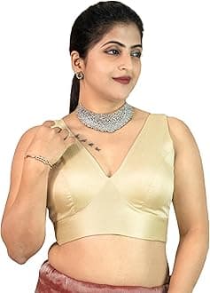 FIGURE'S DESIGNER Women's Dupion Raw Silk Sleeveless V Neck Sabyasachi Cut Readymade Saree Blouse Padded Stitched S4