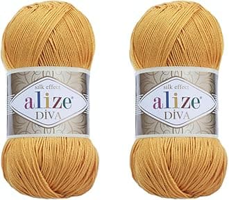 Alize Diva Yarn Hand Knitting Yarn 100% Microfiber Acrylic Yarn Alize Diva Silk Effect Thread Crochet Art Lace Craft Lot of 2 skeins 200gr 767 yds (488-Safrron)
