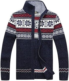 Men's Cardigan Sweaters Stand Collar Cable Thick Knitted Full Zip Sweater with Pattern