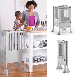 Guidecraft Contemporary Kitchen Helper® Stool and 2 Keepers - Gray: Folding, Adjustable Height, Wooden Cooking Step Stool for Toddlers | Little Kids Montessori Learning Furniture