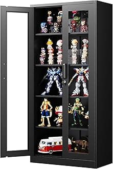 71 Inches Display Cabinet with Glass Doors, Curio Cabinets with 4 Adjustable Shelves, Locking Glass Cabinet Display Case for Home, Office, Clinic, Pantry (Black)