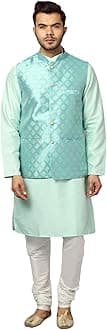 Uri and MacKenzieMen's Silk Blend Regular Kurta Churidar Pyjama with Bundi Nehru Jacket/Waistcoat